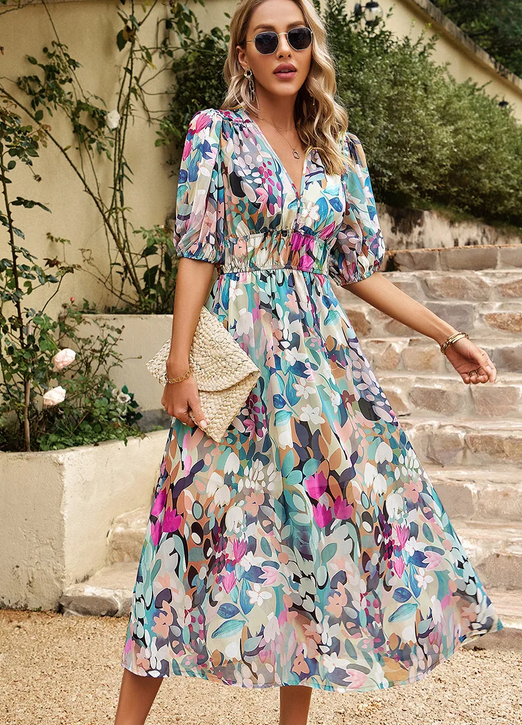 Dress Waist Cinching V-neck Print Elastic 