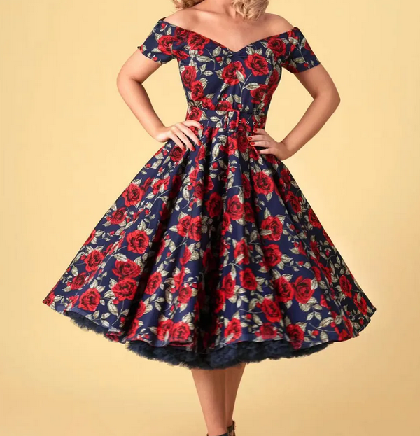 Navy floral pinup dress with red roses and vintage silhouette
